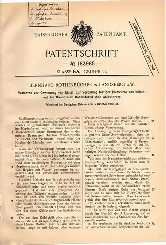 Original Patentschrift - B. Rothenbücher in Landsberg a.W., 1905 , Gewinnung von Bierwürze , Brauerei , Bier !!!