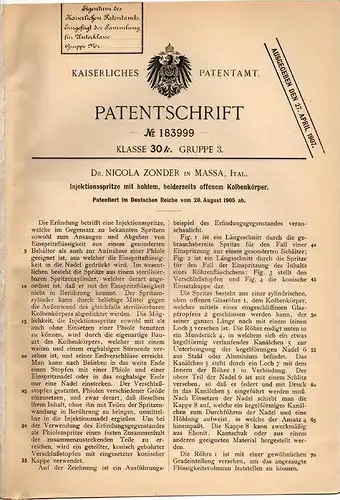 Original Patentschrift - Dr. N. Zonder in Massa , Ital. , 1905 , Injektionsspritze , Injektion , Spritze , Arzt !!!