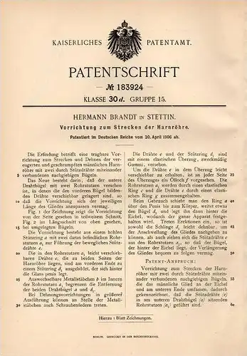 Original Patentschrift - Instrument für Harnröhre , Penis , 1906 , H. Brandt in Stettin , Glied , Arzt , Urulogie !!!