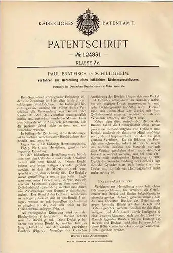 Original Patentschrift - P. Bratfisch in Schiltigheim i.E., 1900 , luftdichter Büchsenverschluß , Konserven !!!