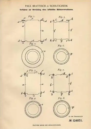 Original Patentschrift - P. Bratfisch in Schiltigheim i.E., 1900 , luftdichter Büchsenverschluß , Konserven !!!