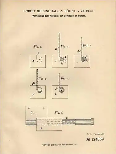 Original Patentschrift - R. Berninghaus & Söhne in Velbert , 1900 , Dornhülsen an Bändern  !!!