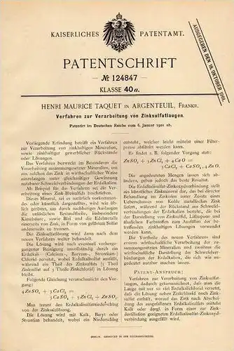Original Patentschrift - H. Taquet in Argenteuil , 1901 , Verarbeitung von Zinksulfatlaugen , Chemie , Labor !!