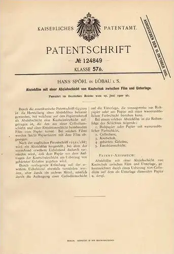 Original Patentschrift - Hans Spörl in Löbau i. S., 1900 , Abziehfilm aus Kautschuk !!!