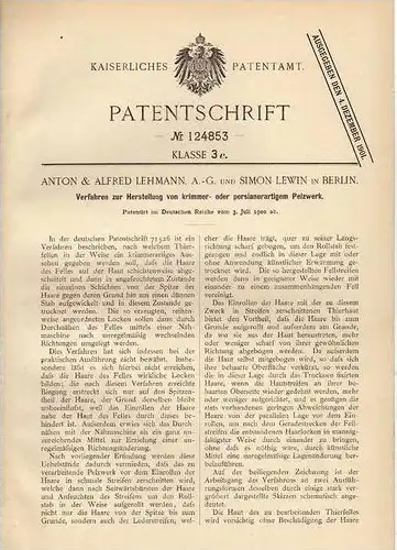 Original Patentschrift - Persianer - Pelzwerk , Pelz , 1900 , A. Lehmann AG in Berlin , Perser , Fell !!!