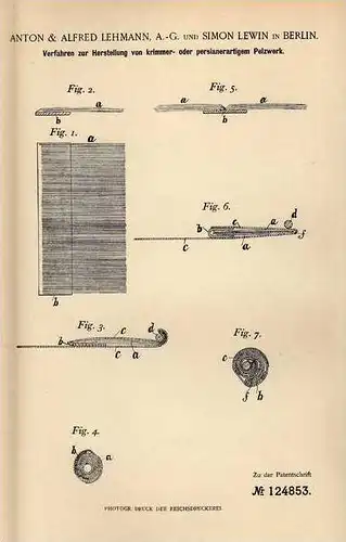 Original Patentschrift - Persianer - Pelzwerk , Pelz , 1900 , A. Lehmann AG in Berlin , Perser , Fell !!!