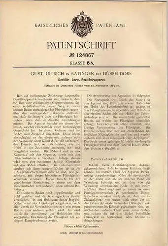 Original Patentschrift - G. Ullrich in Ratingen b. Düsseldorf , 1899 , Destilir- und Rectificirapparat !!!