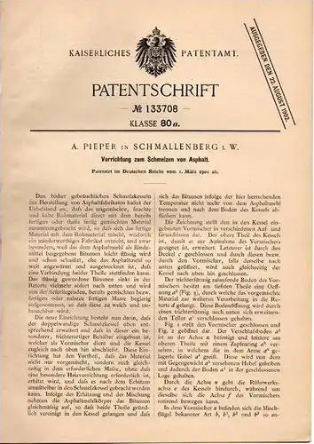 Original Patentschrift - A. Pieper in Schmallenberg i.W., 1901 , 1901 , Asphalt - Schmelzapparat , Straßenbau , Bitumen
