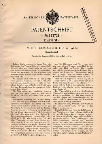 Original Patentschrift - A. Sevette Fils in Paris , 1901 , Trommel für Kinder , Pauke !!!