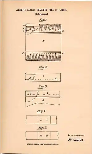 Original Patentschrift - A. Sevette Fils in Paris , 1901 , Trommel für Kinder , Pauke !!!