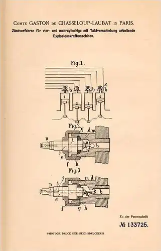 Original Patentschrift - Comte Gaston de Chasseloup - Laubat in Paris , 1901 , Zündung f. mehrcyl. Motoren , Automobile