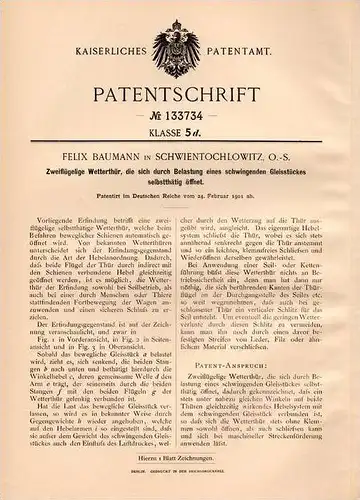 Original Patentschrift - F. Baumann in Schwientochlowitz , Schlesien , 1901 , zweiflügelige Wettertür !!!