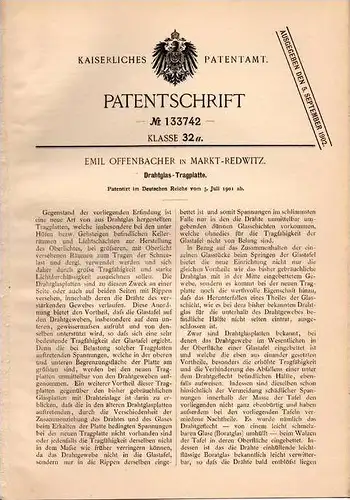 Original Patentschrift - E. Offenbacher in Marktredwitz , 1901 , Drahtglas - Tragplatte !!!