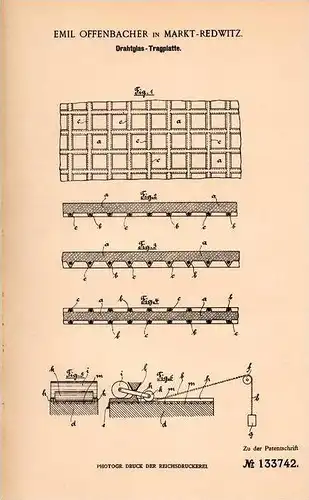 Original Patentschrift - E. Offenbacher in Marktredwitz , 1901 , Drahtglas - Tragplatte !!!