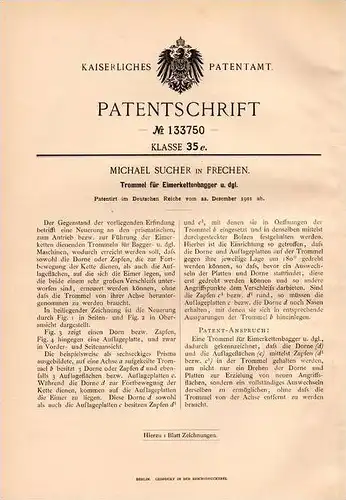 Original Patentschrift - M. Sucher in Frechen , 1901 , Eimerkettenbagger - Trommel , Bagger !!!