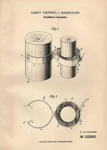 Original Patentschrift - Albert Treppens in Mariendorf , 1900 , verstellbarer Baumhalter , Baumschule , Gärnterei !!!