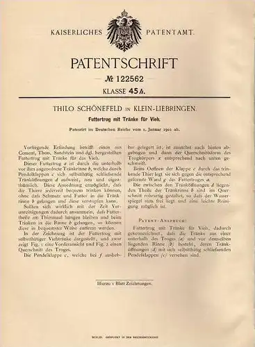 Original Patentschrift - Th. Schönfeld in Kleinliebringen , Ilm , 1901, Futtertrog mit Tränke für Vieh , Viehzucht !!!