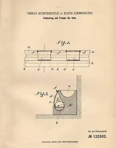 Original Patentschrift - Th. Schönfeld in Kleinliebringen , Ilm , 1901, Futtertrog mit Tränke für Vieh , Viehzucht !!!