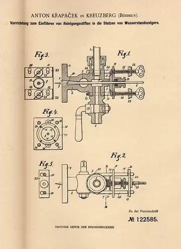 Original Patentschrift - A. Krapacek in Kreuzberg i. Böhm. ,1900 , Apparat für Wasserstandszeiger , Ji&#345;etín pod Jed