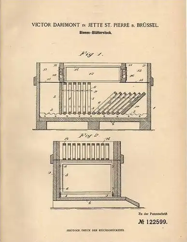 Original Patentschrift - V. Darimont in Jette St. Pierre b. Brüssel , 1899 , Bienen - Blätterstock , Imker , Imkerei !!!