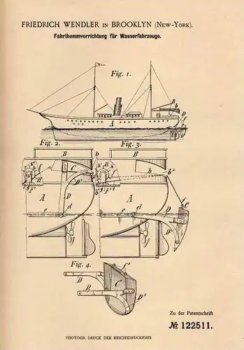 Original Patentschrift - F. Wendler in Brooklyn , 1900 , Hemmvorrichtung für Schiffe , Boot , Schiff  !!!