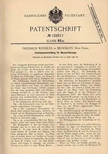 Original Patentschrift - F. Wendler in Brooklyn , 1900 , Hemmvorrichtung für Schiffe , Boot , Schiff  !!!