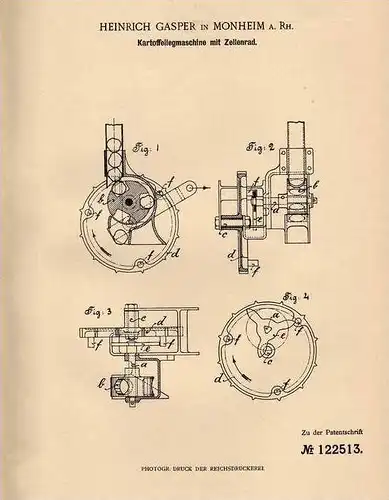 Original Patentschrift - H. Gasper in Monheim a. Rh., 1900 , Kartoffell - Legemaschine , Landwirtschaft , Ackerbau !!!