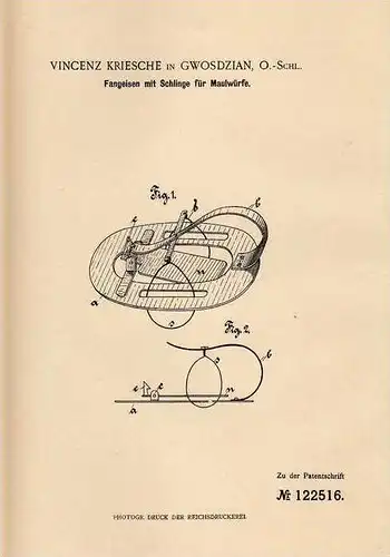 Original Patentschrift - V. Kriesche in Gwosdzian , O.-Schl., 1900 , Fangeisen für Maulwürfe , Maulwurf , Jagd !!!