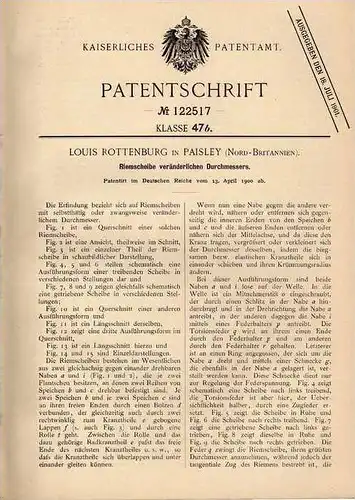 Original Patentschrift - L. Rottenburg in Paisley , 1900 , Riemscheibe mit veränderbarem Durchmesser !!!