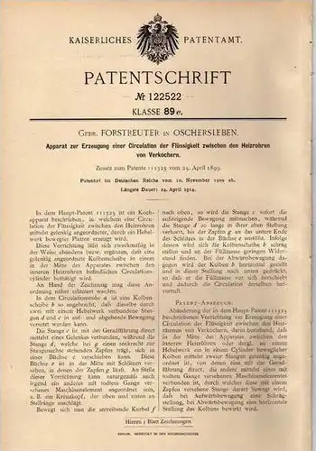 Original Patentschrift - Gebr. Forstreuter in Oschersleben , 1900 , Apparat für Circulation von Verkochern !!!