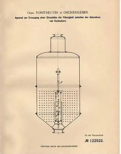 Original Patentschrift - Gebr. Forstreuter in Oschersleben , 1900 , Apparat für Circulation von Verkochern !!!