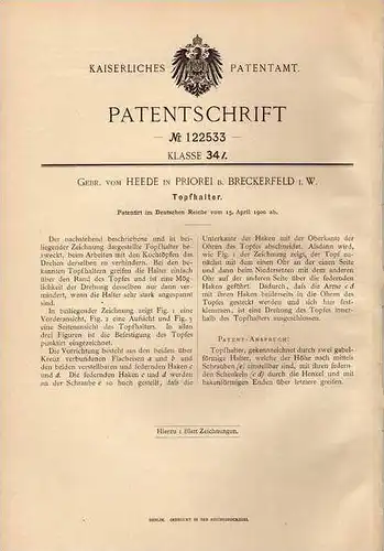 Original Patentschrift - Gebr. vom Heede in Priorei b. Breckerfeld i.W. , 1900 , Topfhalter , Kochtopf , Küche !!!