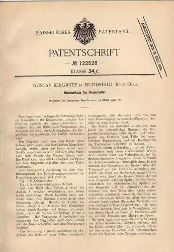Original Patentschrift - G. Bergwitz in Hundsfeld , Kr. Oels , 1900 , Aufsatz für Kinderteller , Geschirr , Teller !!!