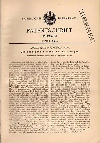 Original Patentschrift - Georg Apel in Grünau , Mark , 1901 , Luftabsaugapparat für Motorwagen , Automobile !!!