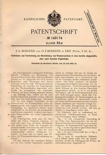 Original Patentschrift - E.R. Behrend in Erie , Penns., USA , 1902 , Herstellung von Wasserzeichen !!!