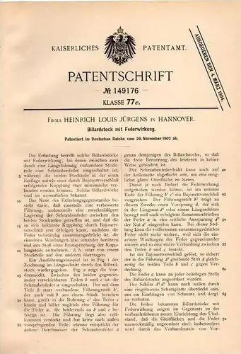 Original Patentschrift - Billardstock mit Federwirkung , 1902 , Fa. H. Jürgens in Hannover , Billard !!!
