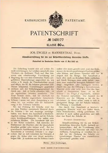 Original Patentschrift - J. Engels in Hammerthal , Ruhr , 1903 , Brikett - Herstellung , Kohle !!!