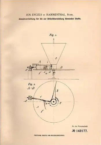 Original Patentschrift - J. Engels in Hammerthal , Ruhr , 1903 , Brikett - Herstellung , Kohle !!!