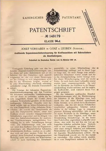 Original Patentschrift - J. Vorraber in Göss b. Leoben , Steiermark , 1901 , Expansionssteuerung für Kraftmaschinen !!!