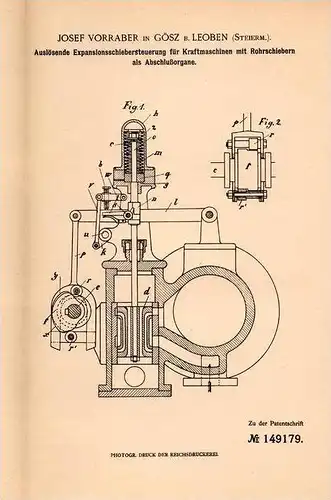 Original Patentschrift - J. Vorraber in Göss b. Leoben , Steiermark , 1901 , Expansionssteuerung für Kraftmaschinen !!!