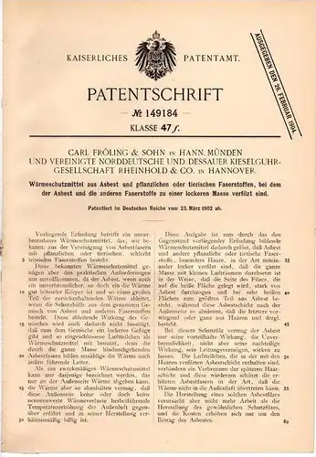 Original Patentschrift - Fröling & sohn , Kieselguhr - Ges. in Hann Münden und Hannover , 1902 , Asbest - Wärmeschutz !!