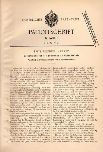 Original Patentschrift - Fritz Wendler in Glatz , Schlesien , 1902 , Schwänze für Aktendeckel , Akten !!!