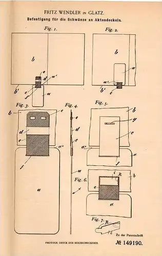 Original Patentschrift - Fritz Wendler in Glatz , Schlesien , 1902 , Schwänze für Aktendeckel , Akten !!!