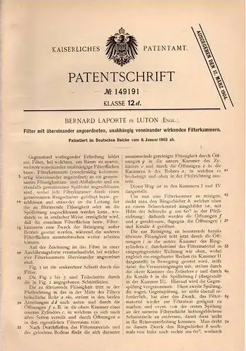 Original Patentschrift - B. Laporte in Luton , England , 1903 , Filter , Filterkammern !!!