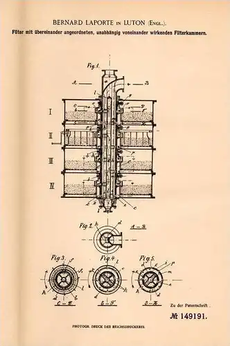 Original Patentschrift - B. Laporte in Luton , England , 1903 , Filter , Filterkammern !!!