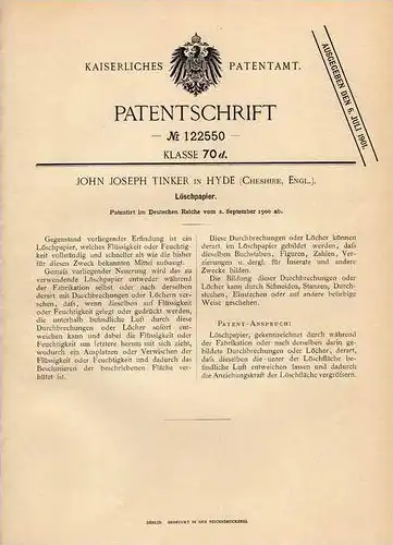 Original Patentschrift - J. Tinker in Hyde , Cheshire , 1900 , Löschpapier , Tinte , Farbe !!!