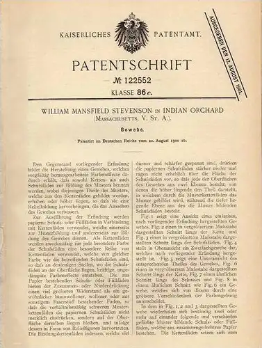 Original Patentschrift - W. Stevenson in Indian Orchard , Massach. , USA , 1900 , Gewebe , Textilen !!!