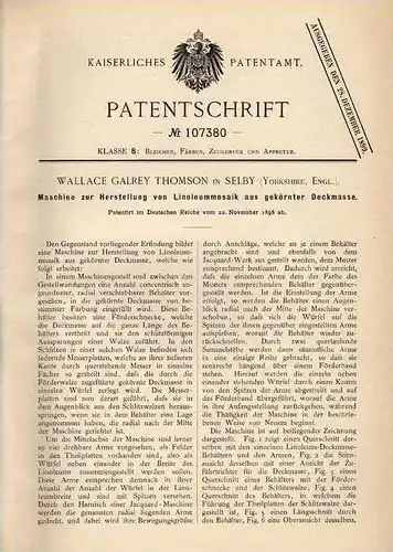 Original Patentschrift - W. Thomson in Selby , Yorkshire , 1898 , Maschine für Linoleum - Mosaik !!!