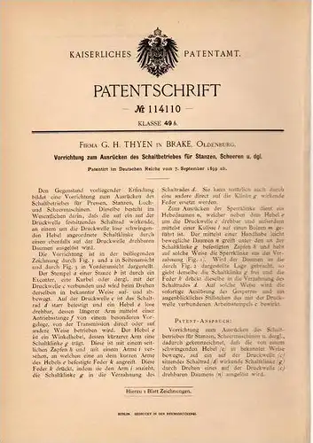 Original Patentschrift - Fa. G. Thyen in Brake , Oldenburg , 1899 , Ausdrücker für Presse , Scheere und Stanze !!!