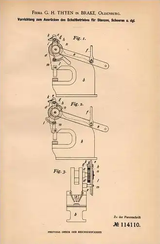 Original Patentschrift - Fa. G. Thyen in Brake , Oldenburg , 1899 , Ausdrücker für Presse , Scheere und Stanze !!!